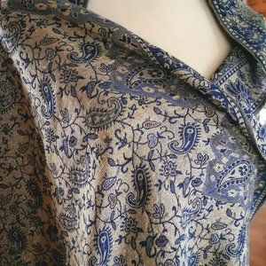 Scarf women's blue and cream shimmery shawl stole wrap tassels